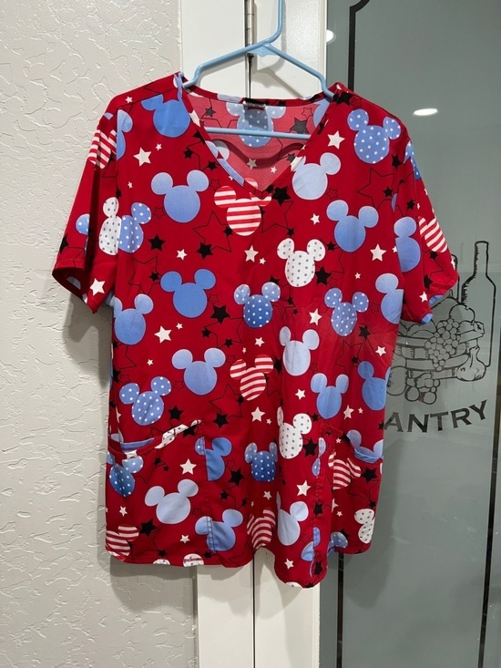 Disney Red V-Neck Tunic with Blue and White Mickey Print XL scrub top medical